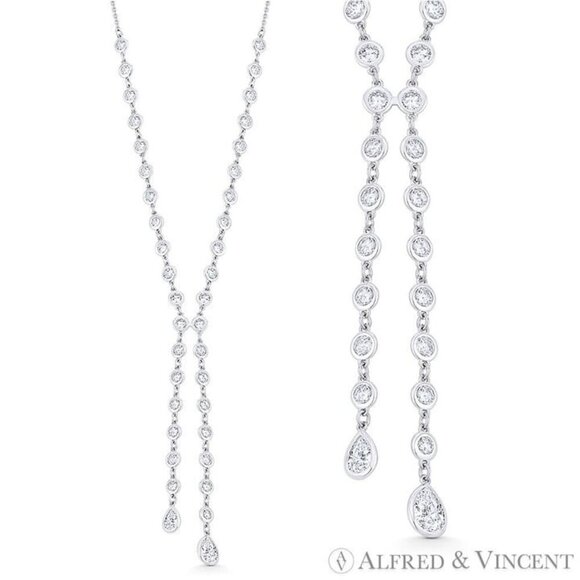CZ Crystal Multi-Bezel Negligee Solid .925 Sterling Silver w/ Rhodium Y-Necklace - Picture 1 of 1